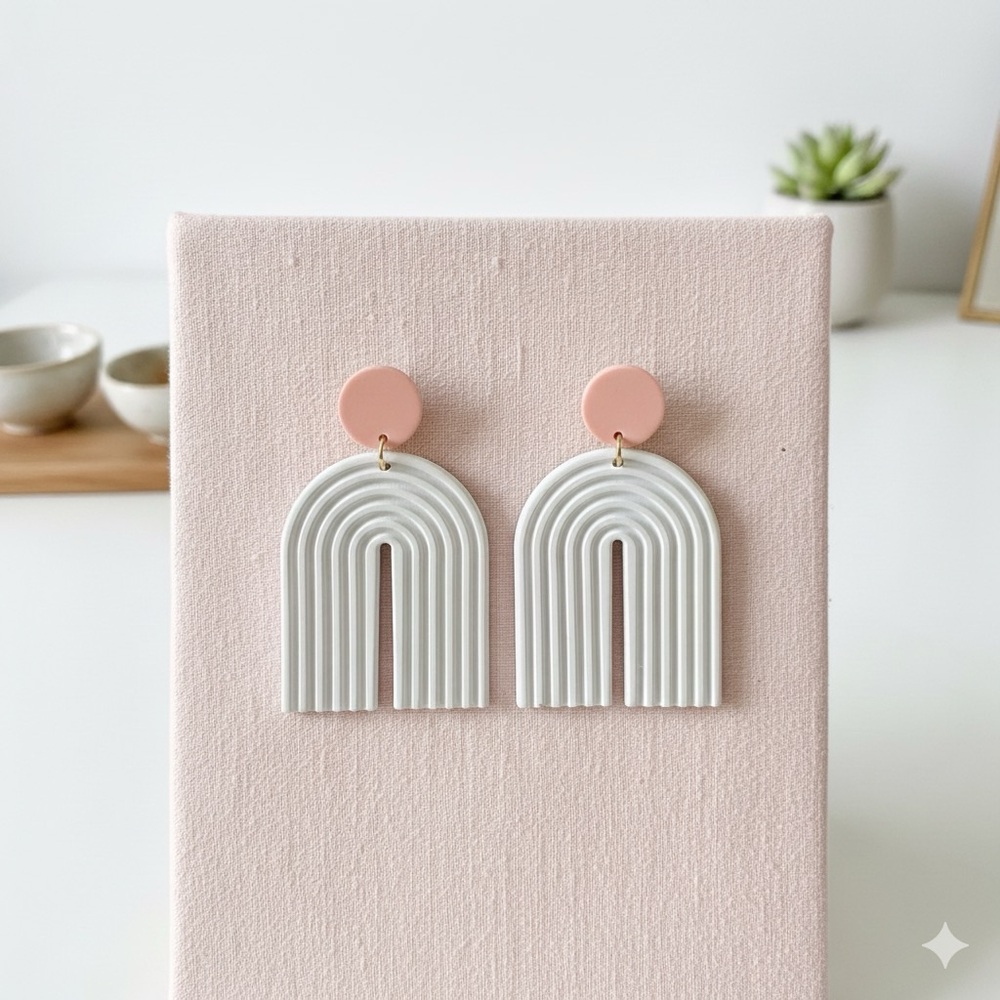 Pink and White Clay Arch Earrings